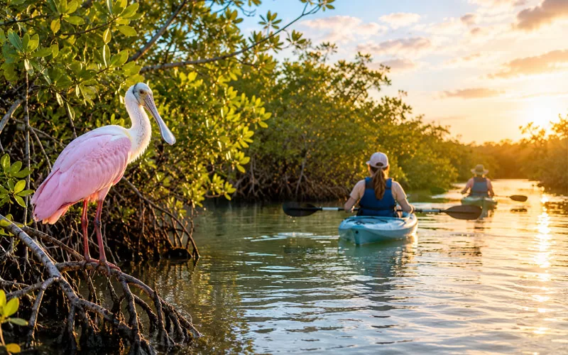 Kayakers paddling through Sanibel Island mangroves at sunset with a roseate spoonbill perched nearby.