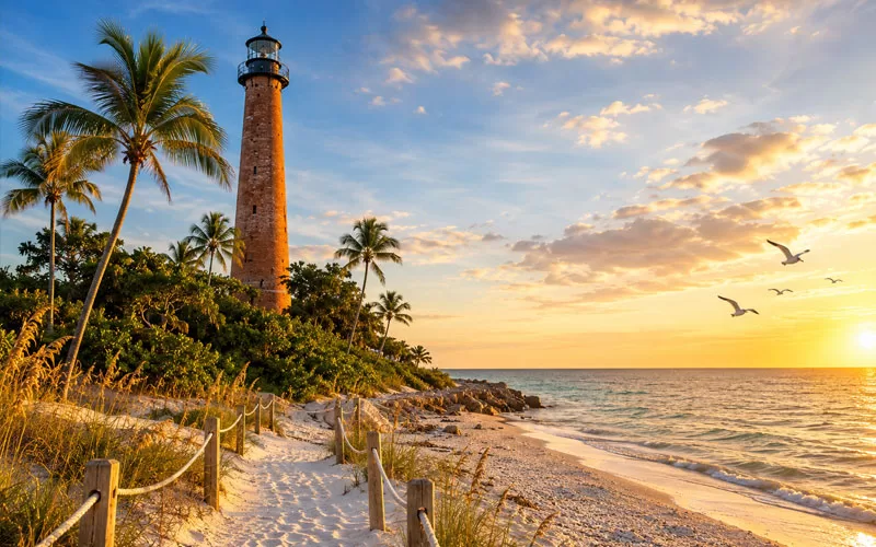 Scenic Sanibel Island lighthouse at sunset with palm trees, beach path, sailboat, and glowing Gulf waters.