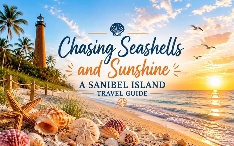 Featured image for a Sanibel Island travel guide showing seashells on the beach, a lighthouse, tropical sunset, and centered coastal typography without a background box.