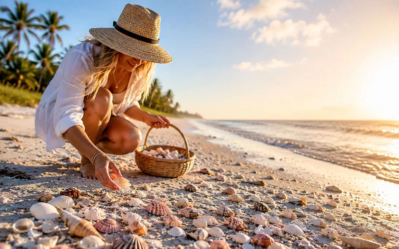 Woman collecting seashells on a Sanibel Island beach at sunrise with a basket and calm Gulf waves nearby.