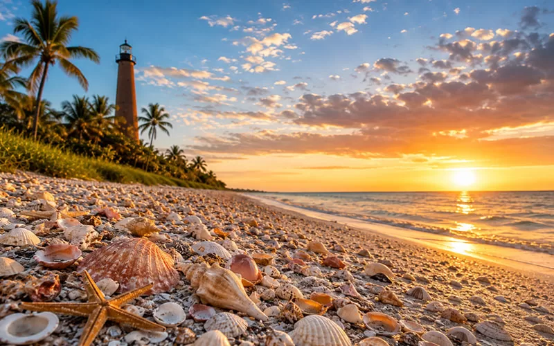 Scenic Sanibel Island beach at sunset with seashells in the sand, gentle Gulf waves, palm trees, and a lighthouse in the distance.