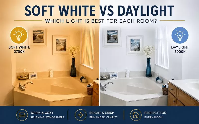 Soft white vs daylight light bulb comparison showing warm cozy lighting on one side and bright crisp daylight lighting on the other.