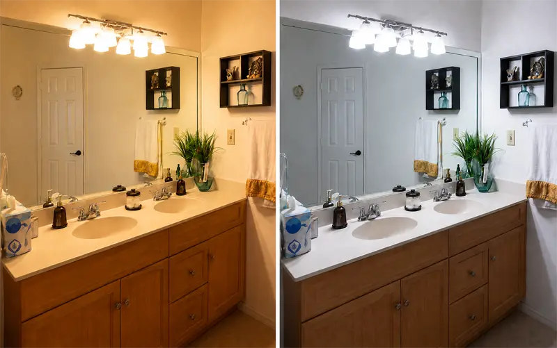 Side-by-side bathroom lighting comparison showing soft white bulbs versus daylight bulbs in the same bathroom vanity