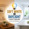 Split living room and kitchen scene comparing warm soft white lighting with bright daylight lighting.