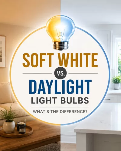 Split living room and kitchen scene comparing warm soft white lighting with bright daylight lighting.
