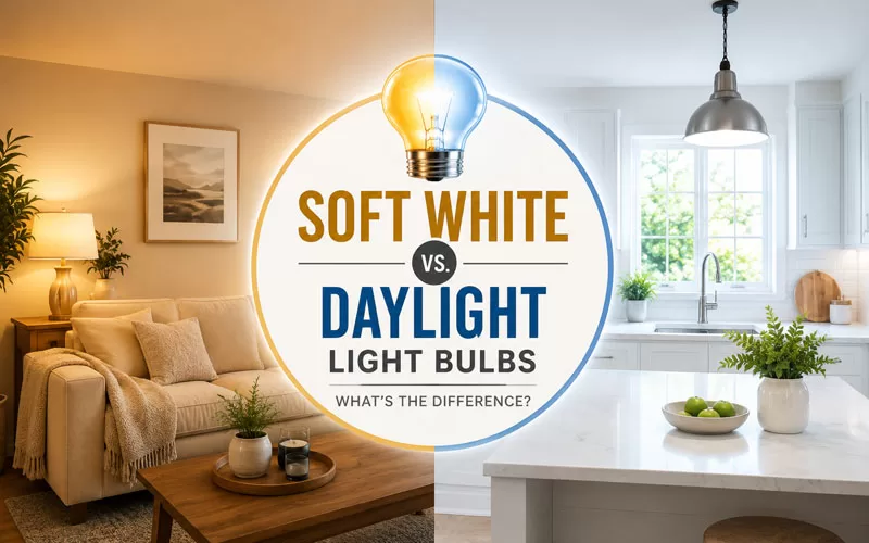 Split living room and kitchen scene comparing warm soft white lighting with bright daylight lighting.