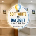 Split living room and kitchen scene comparing warm soft white lighting with bright daylight lighting.