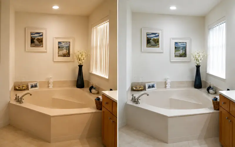 Bathroom shown with warm soft white lighting on one side and cool daylight lighting on the other side.