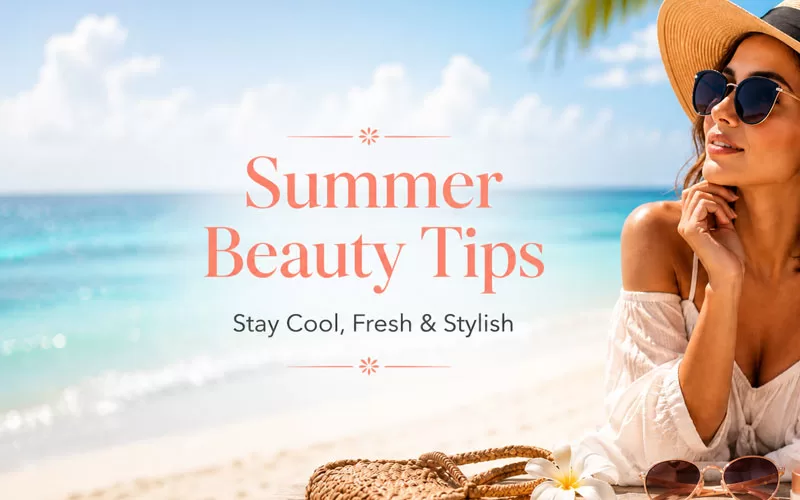 Summer beauty tips graphic over a beach scene with a woman in a sun hat and sunglasses.