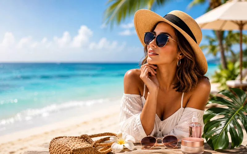 Woman in a sun hat and sunglasses relaxing by the beach with summer beauty essentials on a table.