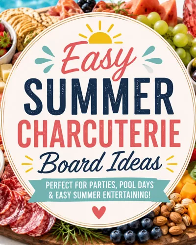Summer charcuterie board by the pool with fresh fruit, meats, cheeses, dips, crackers, and a colorful summer entertaining graphic in the center.