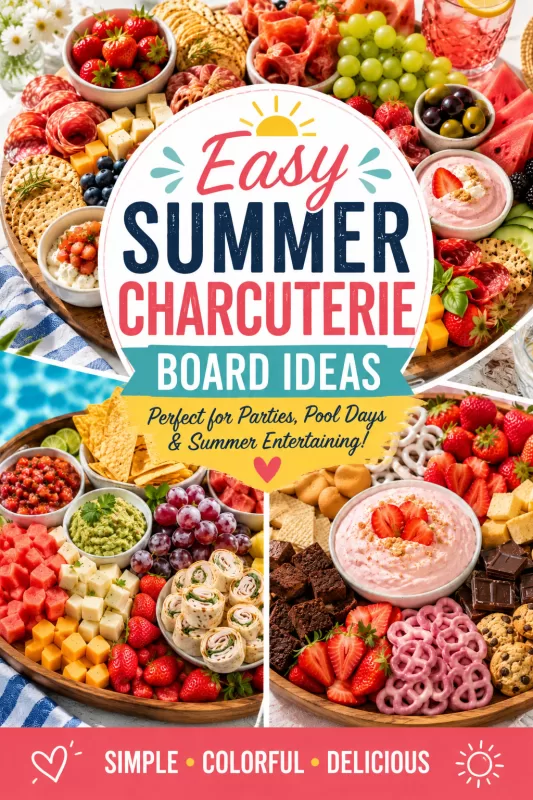 Pinterest-style summer charcuterie board collage featuring poolside snack boards, dessert charcuterie, fresh fruit, dips, cheeses, crackers, and colorful summer entertaining foods.