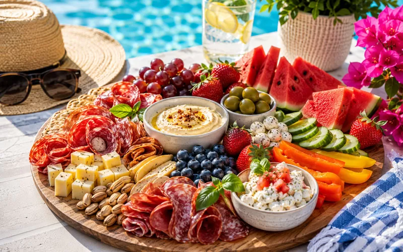 Colorful summer charcuterie board by the pool with fresh fruit, cheeses, meats, crackers, dips, and bright summer decor.