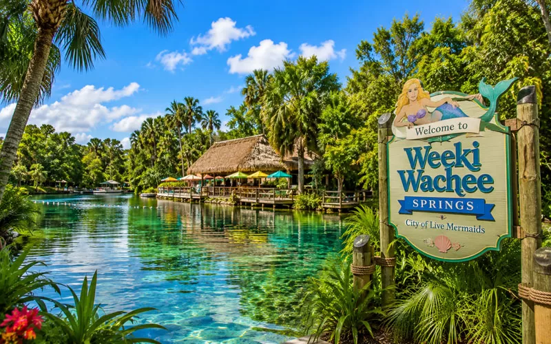 Crystal-clear spring water at Weeki Wachee Springs surrounded by tropical greenery, palm trees, and bright Florida sunshine.
