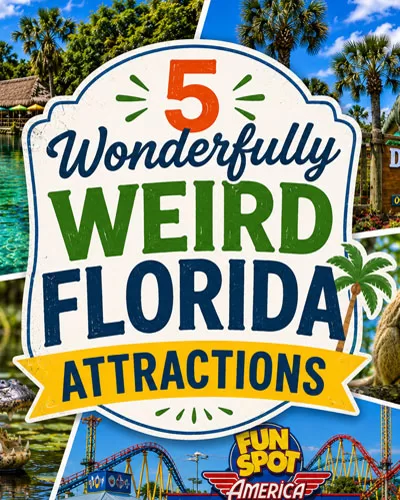 Featured image showcasing five wonderfully weird Florida attractions including Weeki Wachee Springs, Dinosaur World, Monkey Jungle, Fun Spot America, and Gatorland.