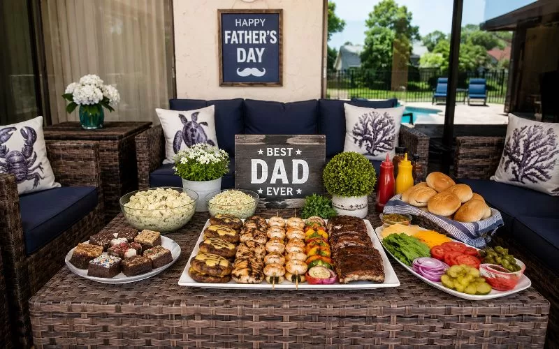 Father’s Day backyard cookout spread with grilled meats, sides, toppings, desserts, and buns on a wicker patio table.