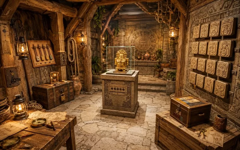 Adventure escape room inspired scene with a golden artifact, carved stone tiles, lanterns, keys, maps, and wooden mine supports.