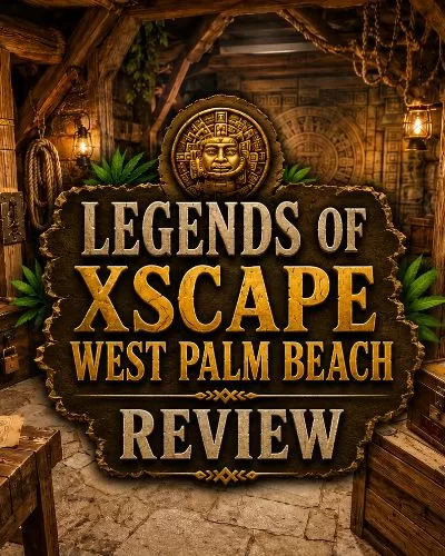 Adventure-themed escape room scene with carved temple walls, lanterns, puzzle details, and the words Legends of Xscape West Palm Beach Review.
