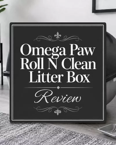 Omega Paw Roll N Clean Litter Box Review title graphic over a modern litter box photo.