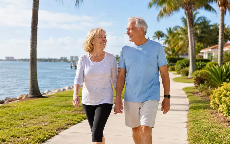 Older couple walking along a sunny Florida waterfront path, enjoying an active retirement lifestyle with palm trees and tropical scenery.