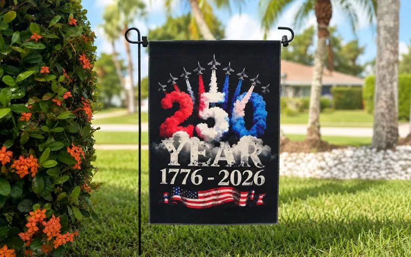 America 250 garden flag displayed in a Florida yard with green grass, palm trees, and orange flowers in the background.