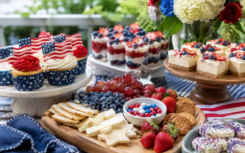 Patriotic dessert and snack spread with cupcakes, cheesecake bars, fruit parfaits, berries, crackers, cheese, and red white and blue decorations.