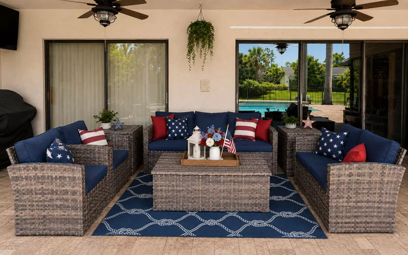 Covered backyard patio with blue outdoor seating, red white and blue pillows, patriotic flowers, American flags, and a pool view.