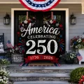 Patriotic front porch decorated with American flags, wreaths, flowers, and America 250 text overlay.