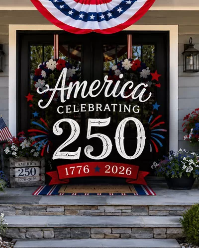Patriotic front porch decorated with American flags, wreaths, flowers, and America 250 text overlay.