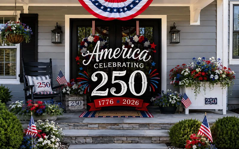 Patriotic front porch decorated with American flags, wreaths, flowers, and America 250 text overlay.
