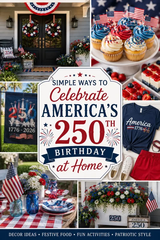 Pinterest collage with patriotic porch decor, America 250 garden flag, red white and blue desserts, holiday clothing, flowers, and title text for celebrating America’s 250th birthday at home.