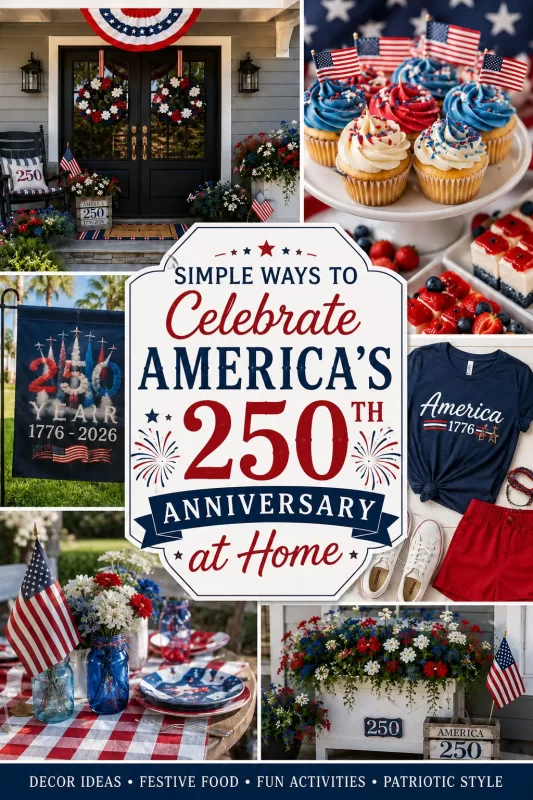 collage with patriotic porch decor, America 250 garden flag, red white and blue desserts, holiday clothing, flowers, and title text for celebrating America’s 250th anniversary at home.
