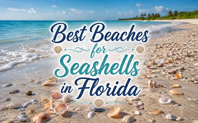 Florida beach with seashells on the shoreline and decorative text reading Best Beaches for Seashells in Florida