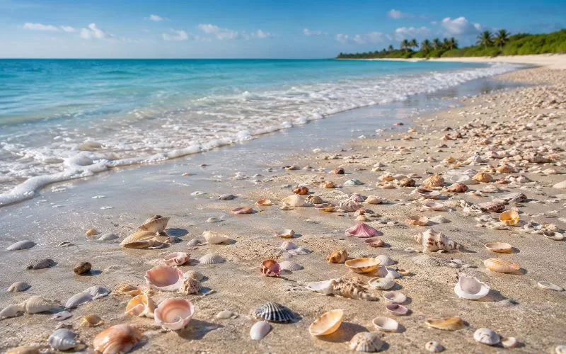 Sunny Florida beach shoreline with scattered seashells in the sand, gentle turquoise water, and soft waves along the coast