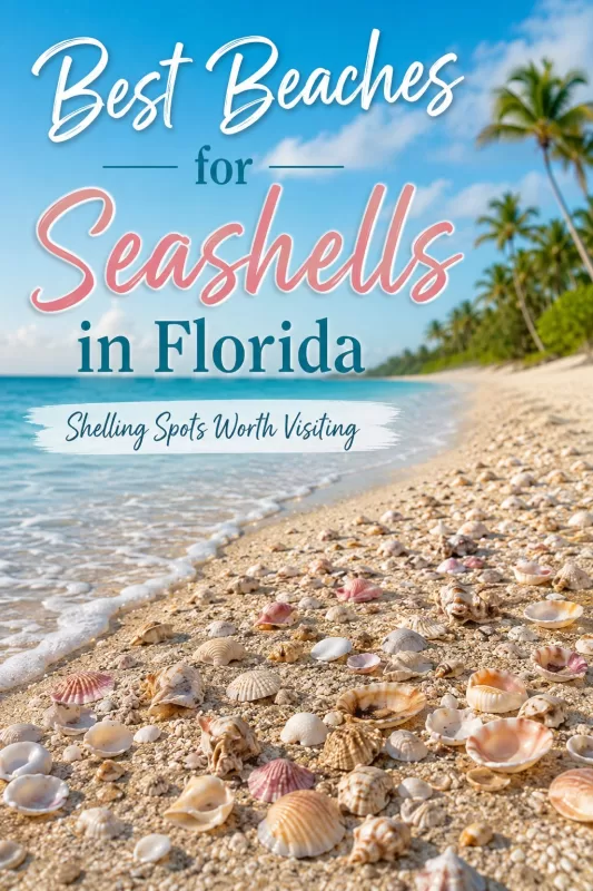 Florida beach with seashells in the sand and text reading Best Beaches for Seashells in Florida and Shelling Spots Worth Visiting