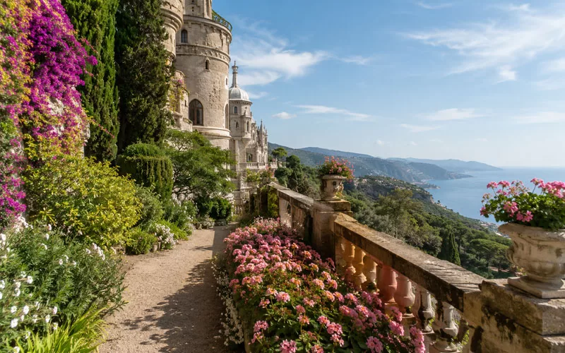 Romantic garden walkway lined with colorful flowers, stone castle architecture, terrace railing, and distant coastal views