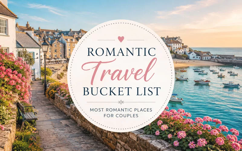 Coastal harbor village with blue water, small boats, flowers, stone walkway, seaside homes, and centered text reading Romantic Travel Bucket List