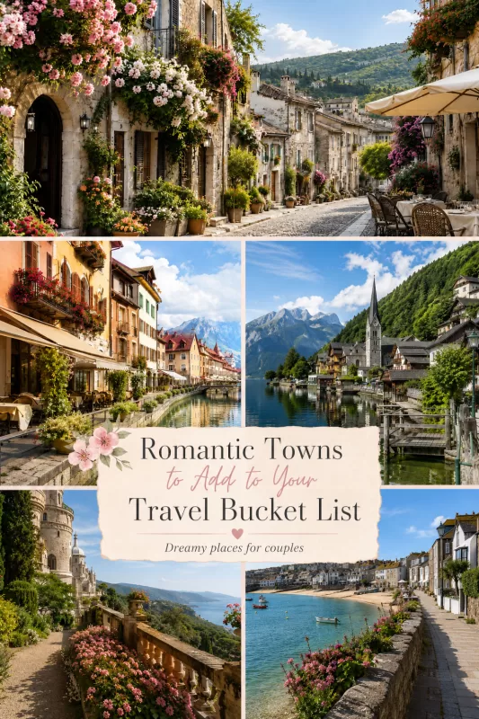 Collage of romantic travel destinations with charming cobblestone streets, canal cafés, lakeside mountain villages, garden terraces, coastal harbor views, flowers, and centered text reading Romantic Towns to Add to Your Travel Bucket List