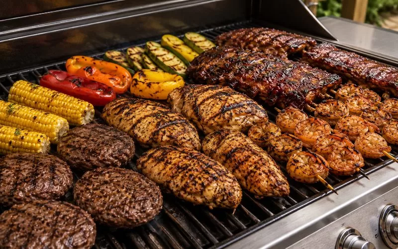 Mixed Father’s Day grilling favorites on a rectangular gas grill with burgers, chicken, shrimp skewers, ribs, corn, and grilled vegetables.