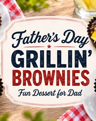 Featured image for Father’s Day Grillin’ Brownies with decorated brownie cups, candy hot dogs, candy kabobs, and a centered recipe title graphic.