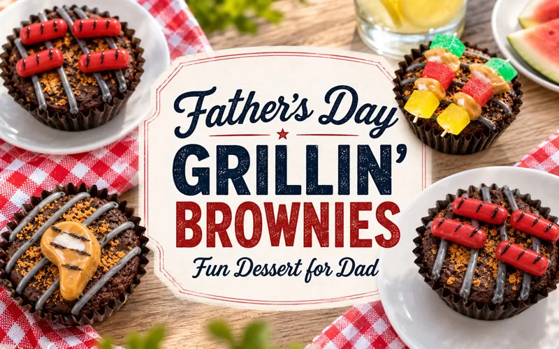 Featured image for Father’s Day Grillin’ Brownies with decorated brownie cups, candy hot dogs, candy kabobs, and a centered recipe title graphic.