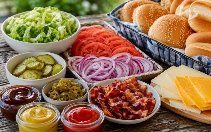 Burger and hot dog toppings spread with lettuce, tomatoes, onions, pickles, cheese, bacon, jalapeños, sauces, and buns on an outdoor table.