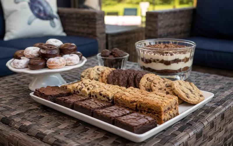 Assorted Father’s Day cookout desserts with brownies, cookies, dessert bars, donuts, and layered pudding on a brown wicker patio table.