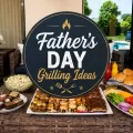 Father’s Day grilling ideas graphic over a backyard cookout spread with grilled food, toppings, buns, sides, and desserts.