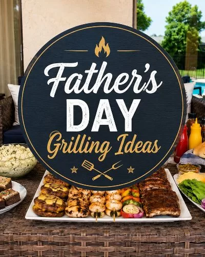 Father’s Day grilling ideas graphic over a backyard cookout spread with grilled food, toppings, buns, sides, and desserts.