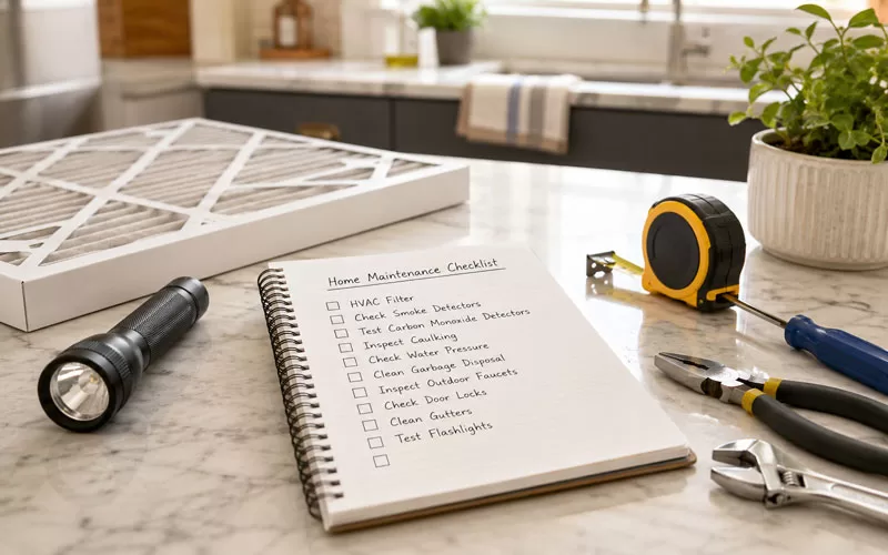 Home maintenance checklist on a kitchen counter with tools, an air filter, flashlight, and notepad.