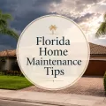 Florida home exterior with palm trees and storm clouds, featuring the title Florida Home Maintenance Tips.