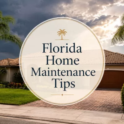 Florida home exterior with palm trees and storm clouds, featuring the title Florida Home Maintenance Tips.
