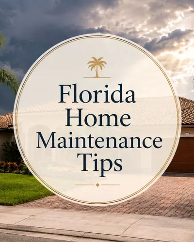 Florida home exterior with palm trees and storm clouds, featuring the title Florida Home Maintenance Tips.