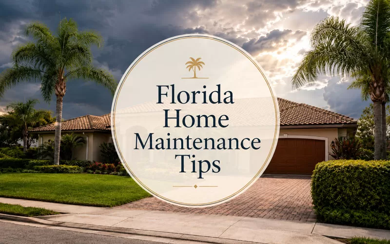 Florida home exterior with palm trees and storm clouds, featuring the title Florida Home Maintenance Tips.